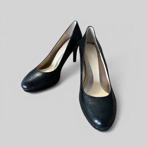 Calvin Klein Odette Black Leather Snakeskin 3” Platform Heels 8M Like New